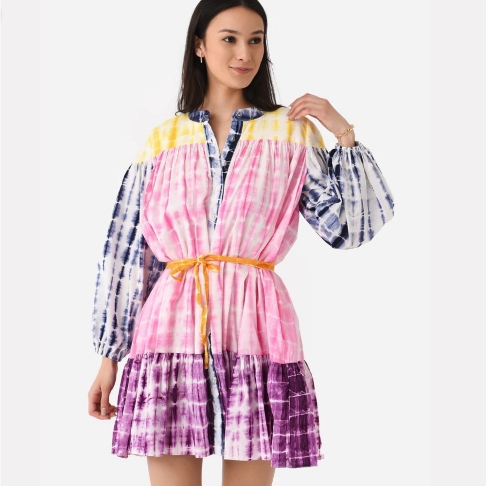 Charina Sarte Holi Mini Dress Tie Dye Tiered Tie Belt Button Closure Size XS